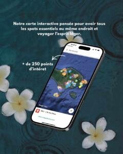 Aperçu de la carte interactive Google Maps incluse dans le guide, localisant 250 points d'intérêt et adresses à Bali.