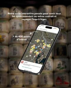 Aperçu de la carte interactive Google Maps incluse dans le guide, localisant 430 points d'intérêt et adresses au Japon.