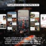 Aperçu du design intérieur du guide Tokyo avec conseils sur les transports, le budget et la sélection de restaurants.